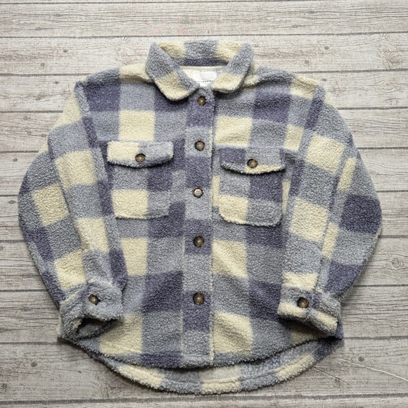 Aeropostale Jackets & Blazers - Aeropostale Shacket Women's Medium Blue Cream Plaid Sherpa Fleece Lined Utility